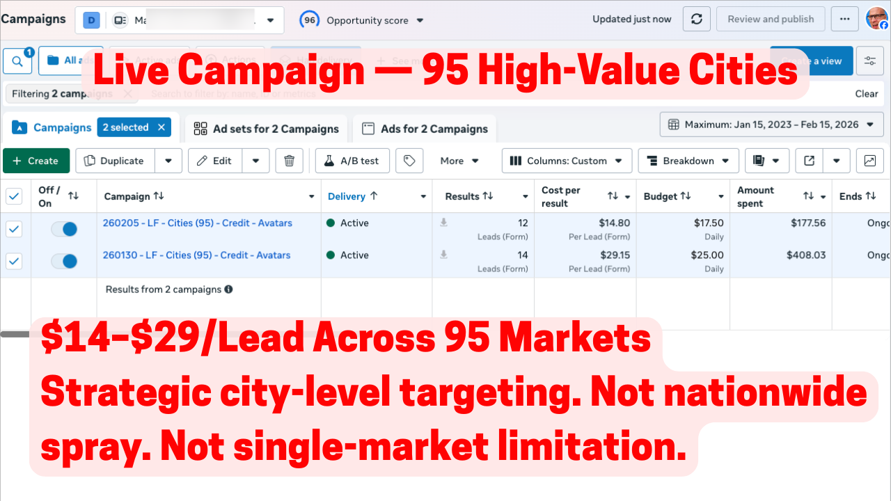 95 high-value cities campaign producing $14-$29 per lead