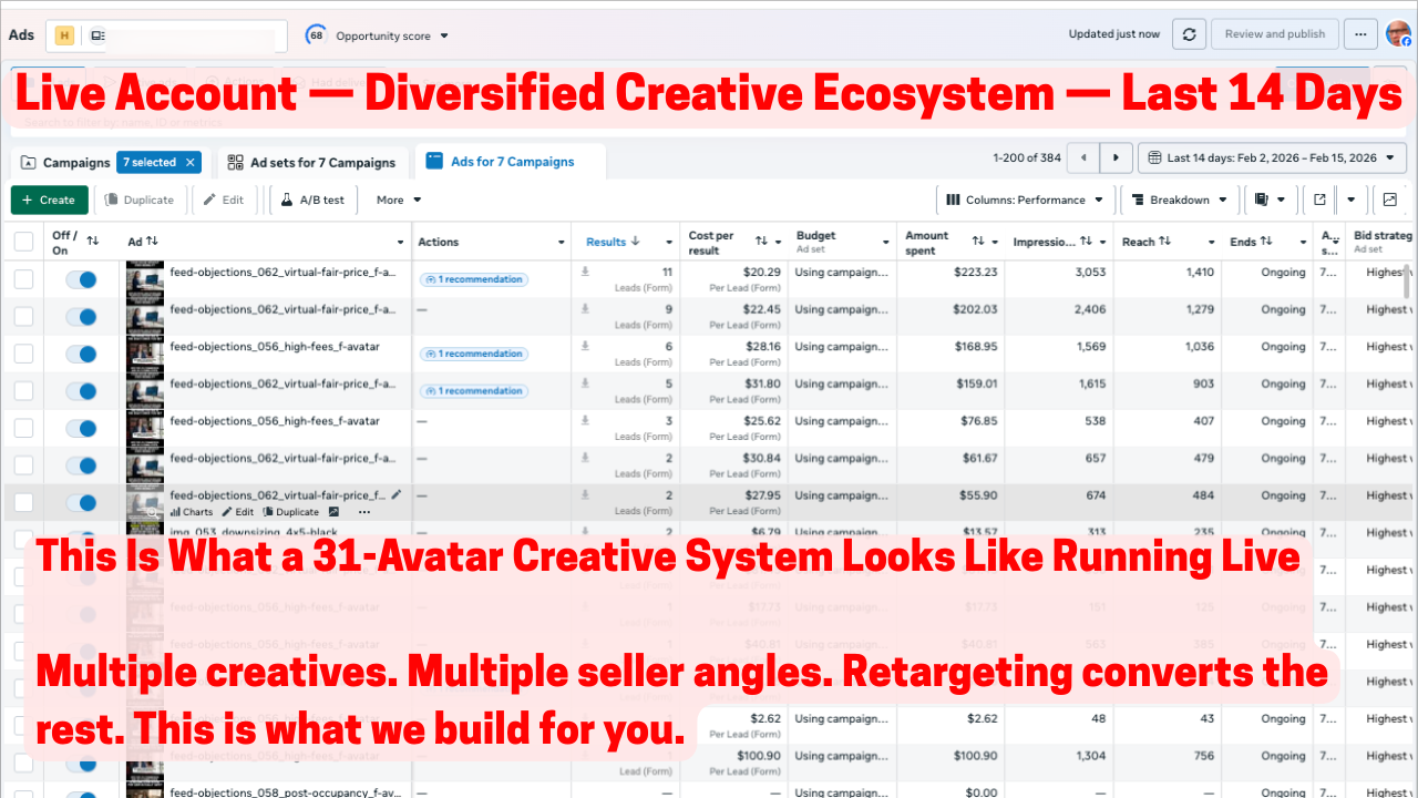 Diversified creative ecosystem with multiple avatar ads running live